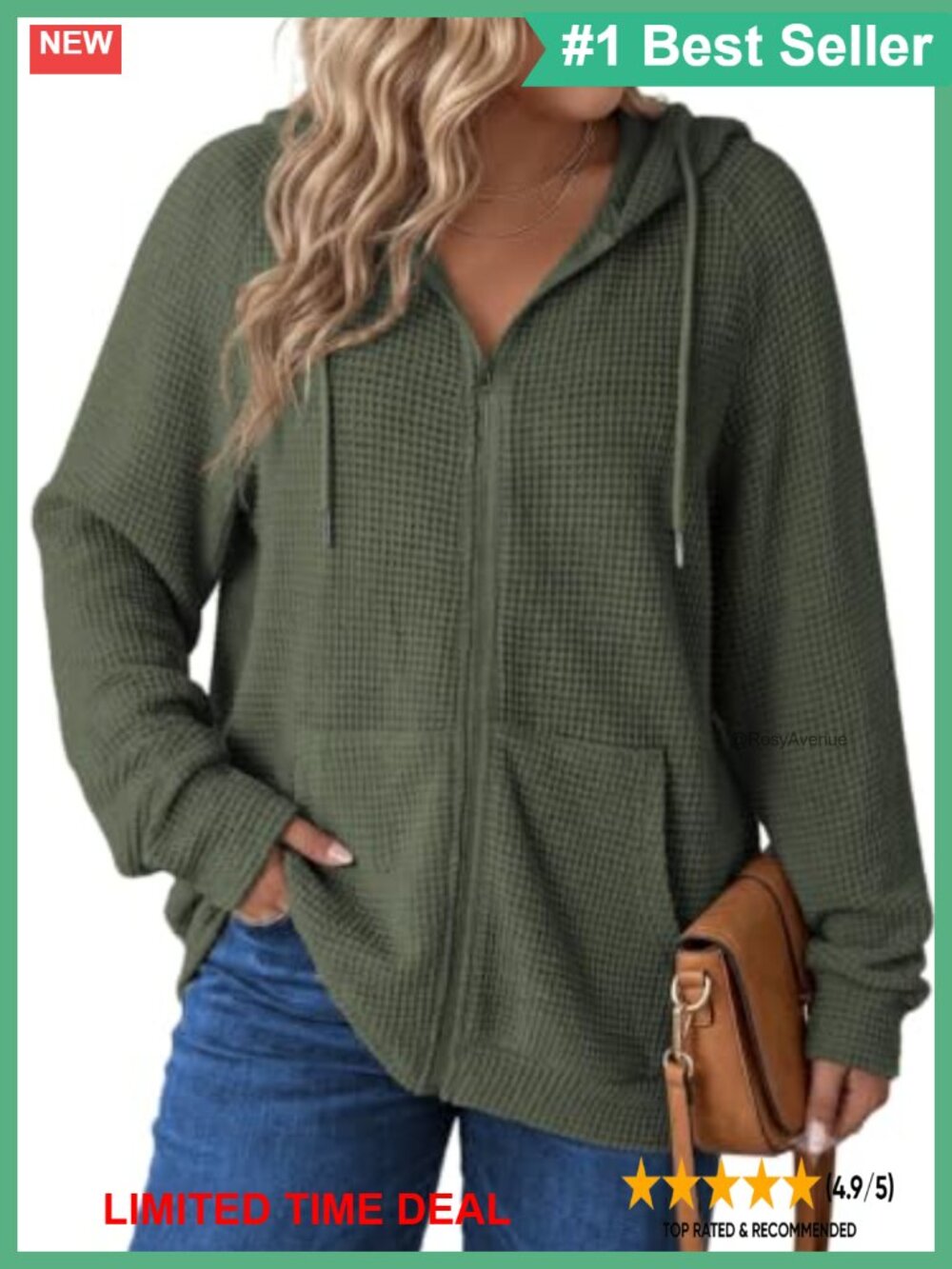 Plus Size Waffle Knit Zip Up Hoodie Oversized Drawstring Sweatshirt